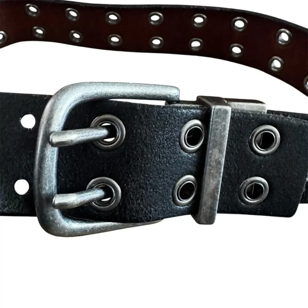 Kid’s Black/Brown Genuine Leather Reversible Belt Silver Buckle 2 Row Grommets